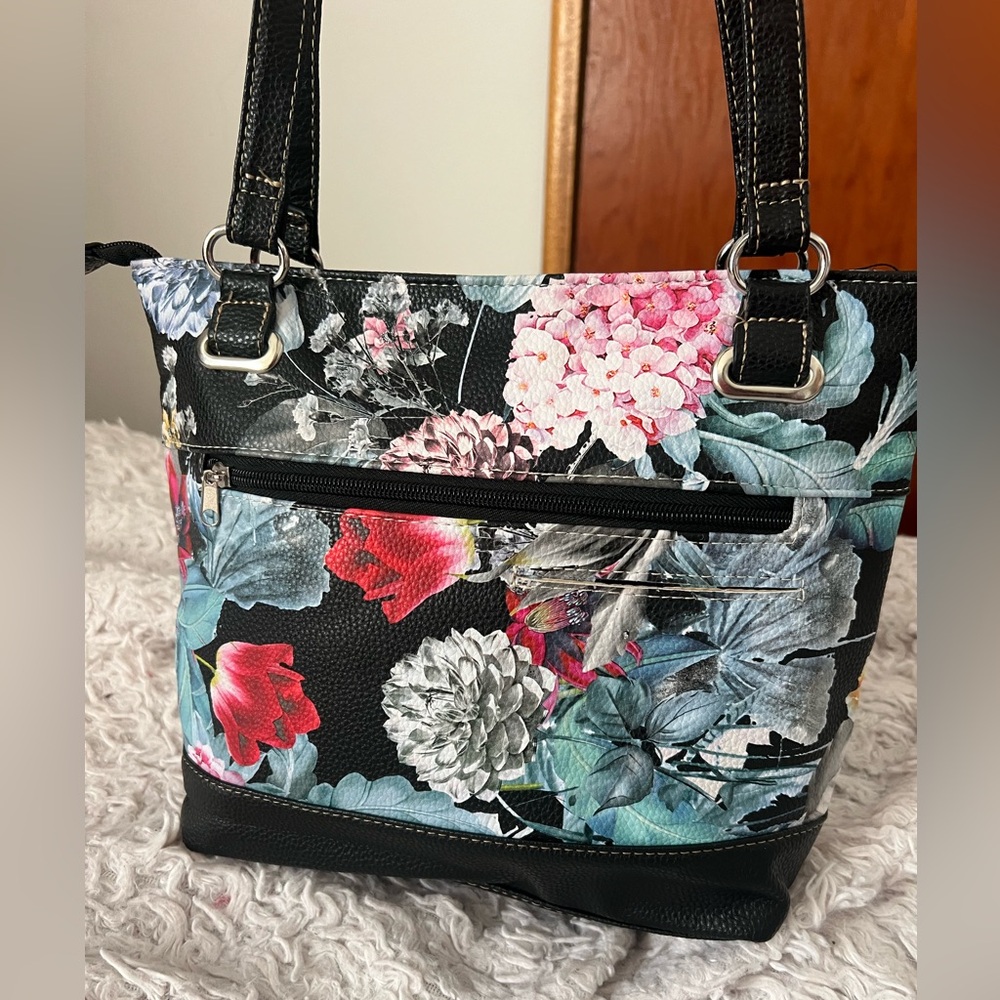 Stone & CO Black Floral Shoulder Bag W Bonded Leather - Picture 3 of 8